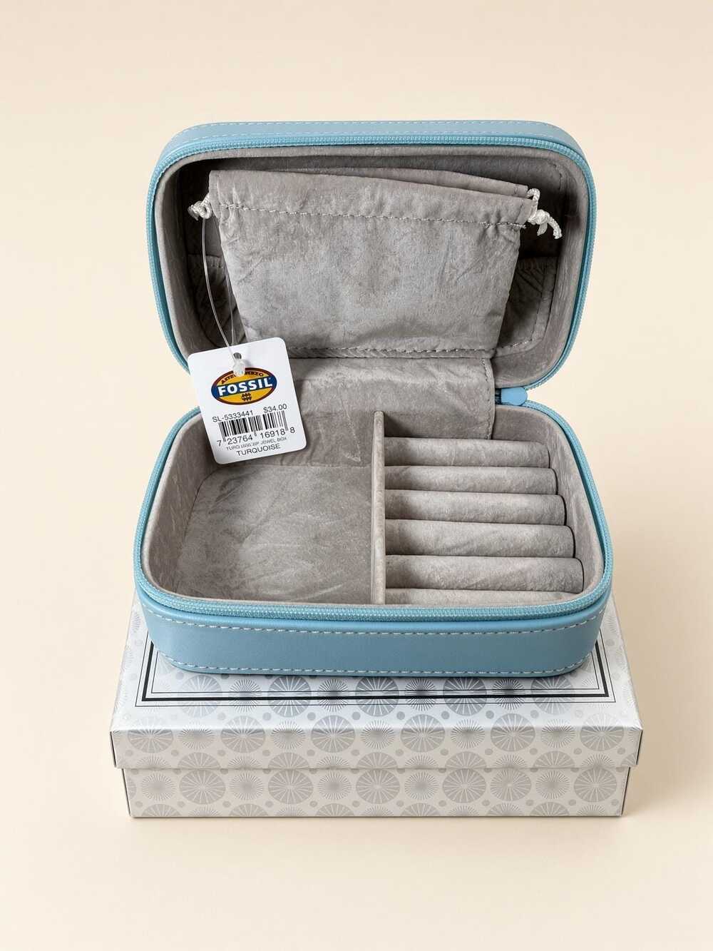 Fossil Jewelry Box, Turquoise Case, Lined Compartments Pouch, Gift Box